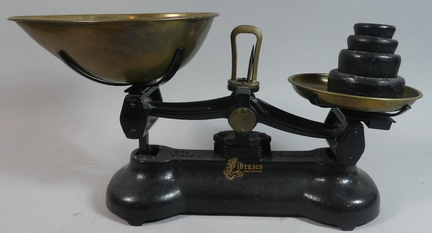 A Set of Brass Mount Librasco Kitchen Scales and Weights