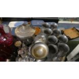 A Tray of Silver Plate and Pewter to Include 8 Goblets, Cruet Set, Hatpins and Enamelled Pin