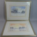A Pair of Framed Mike Hatfield Watercolours Depicting Winter Lane and Misty Lake Scene, Each 34cm