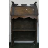 An Art Nouveau Oak Hall Bureau with Galleried Top, Pull Down Front to Fitted Interior and Shelved