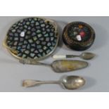 A Circular Inlaid Tray, Lacquered Box and Cutlery to Include Georgian Silver Serving Spoon
