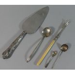 A Silver Handled Kings Pattern Cake Slice, Silver Spoon, Silver Pickle Fork, Sterling Silver Salt