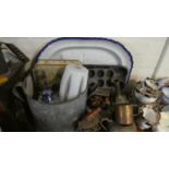 A Tray of Vintage Kitchen Wares to Include Large Aluminium Two Handled Pot, Baking Trays, Vintage