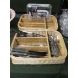 Two Wicker Cutlery Trays One Containing Small Collection of Kings Pattern Cutlery, Corkscrew Set etc