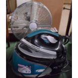 A Morphy Richards Power Steam Elite Iron Together with a Chrome Table Top Fan