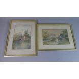 Two Framed Watercolours Depicting Bridge Over Canal and Water Mill