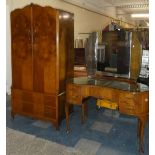 A Mid 20th Century Walnut Bedroom Suite Comprising Double Wardrobe with Two Base Drawers and