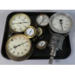 A Collection of Six Vintage Pressure Gauges and a Revo Meter