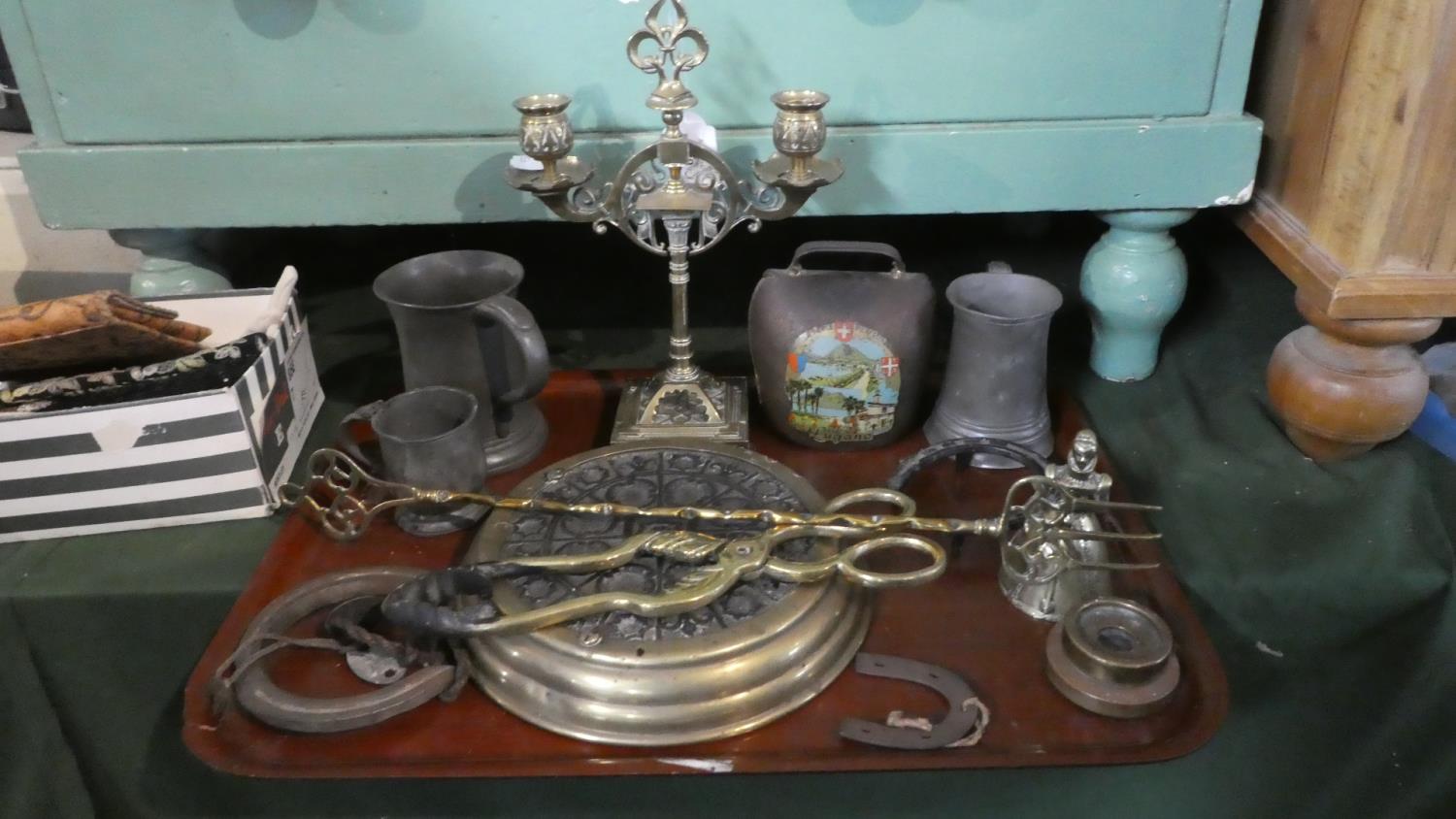 A Tray of Metalwares to Include Pewter Tankards, Measure, Brass Aesthetic Style Two Branch