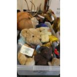 A Box Containing Various Soft Toys, Teddy Bears, Pelham Puppet, Golliwog, Vintage Doll etc