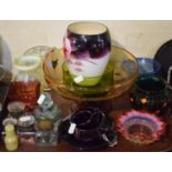 A Tray of Coloured Glassware to Include Bowls, Vases, Inkpots etc