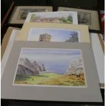 A Collection of Mounted and Unframed Watercolours and a Pair of Prints of Tall Ships