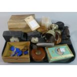 A Tray of Curios to Include Vintage Flat Iron, Vintage Torch, Leather Covered Tape Measure,
