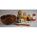 A Turned Wooden Fruit Bowl Together with Decorated Russian Dolls