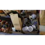 Two Boxes Containing Blue and White Ceramics, Glassware, Glazed Stoneware and Studio Pottery, Shoe