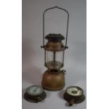 Two Vintage Pressure Gauges Together with a Hurricane lamp