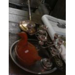 An Oval Silver Plated Gallery Tray and Pair of Three Branch Candelabra, Copper Bed Warming Pan and a