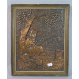 An Oriental Hammered Copper Wall Plaque Depicting Seated Fisherman Under Fruit Tree, 30cm High