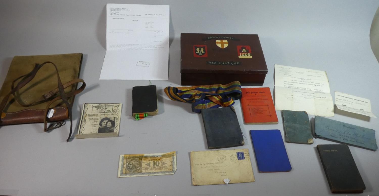 A Painted Metal Military Box Containing Medal Ribbons, Prayer Books, Bank Note etc Together with a