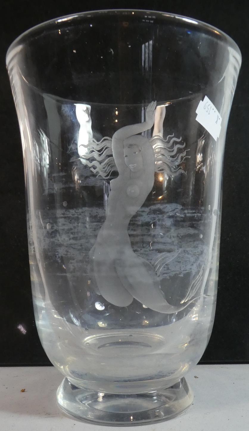 A Mid 20th Century Orrefors Engraved Glass Vase with Mermaid Decoration by Vicke Lindstrand Signed