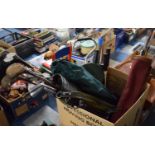 A Box Containing Vintage Sporting Rackets, Folding Shooting Stick, Folding Chair, Two Sets of