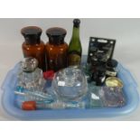 A Tray of Coloured and Plain Glassware, Parker Ink Bottles, Paperweights, Desktop Inwells etc