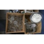 Two Boxes of Coloured and Plain Glassware Including Wall Clock