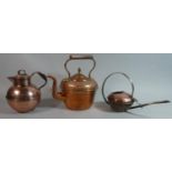 A Guernsey Copper Jug, Small Copper Watering Can and a Kettle