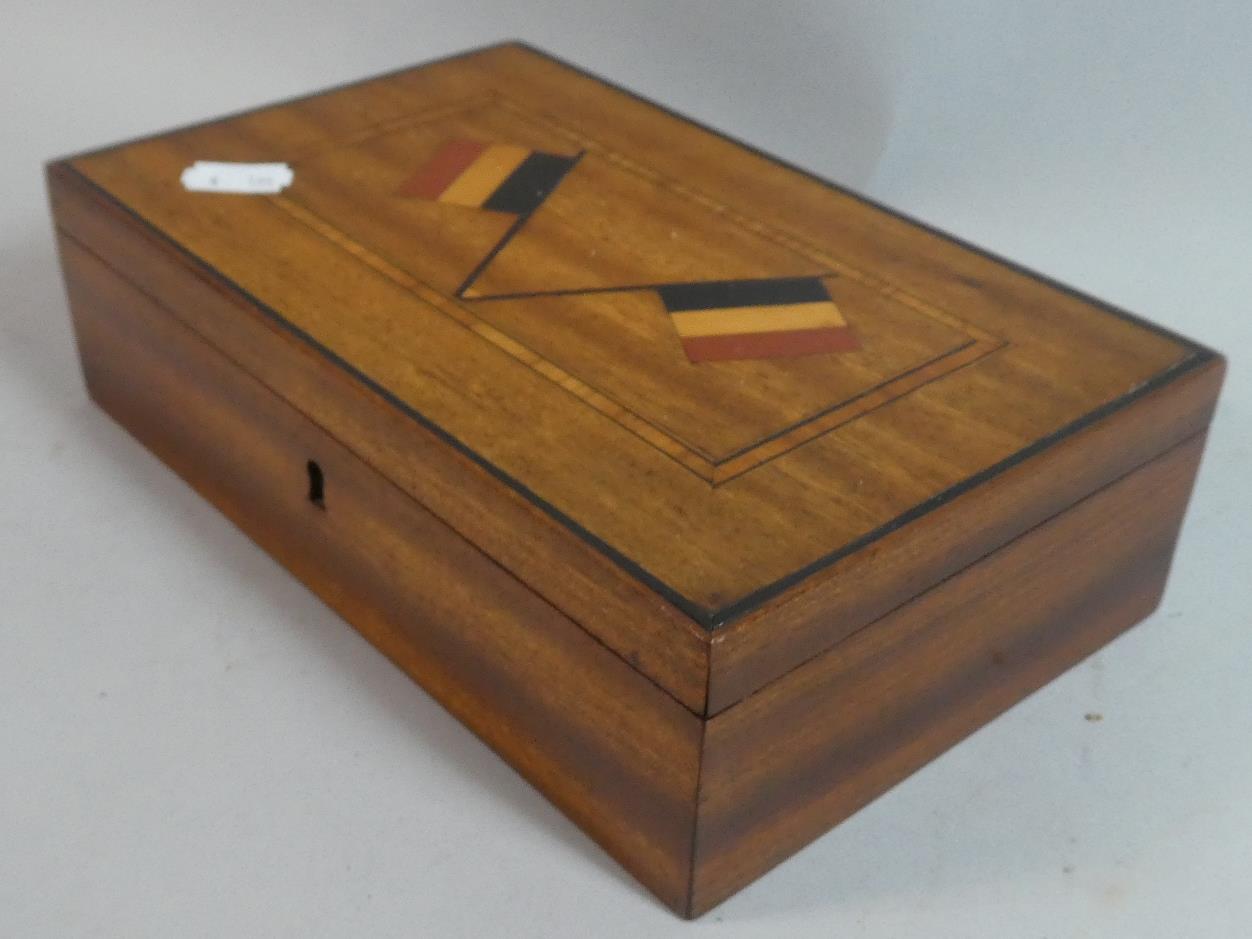 A WWI Inlaid Box, The Hinged Lid with Flags of Belgium, 23cm Wide