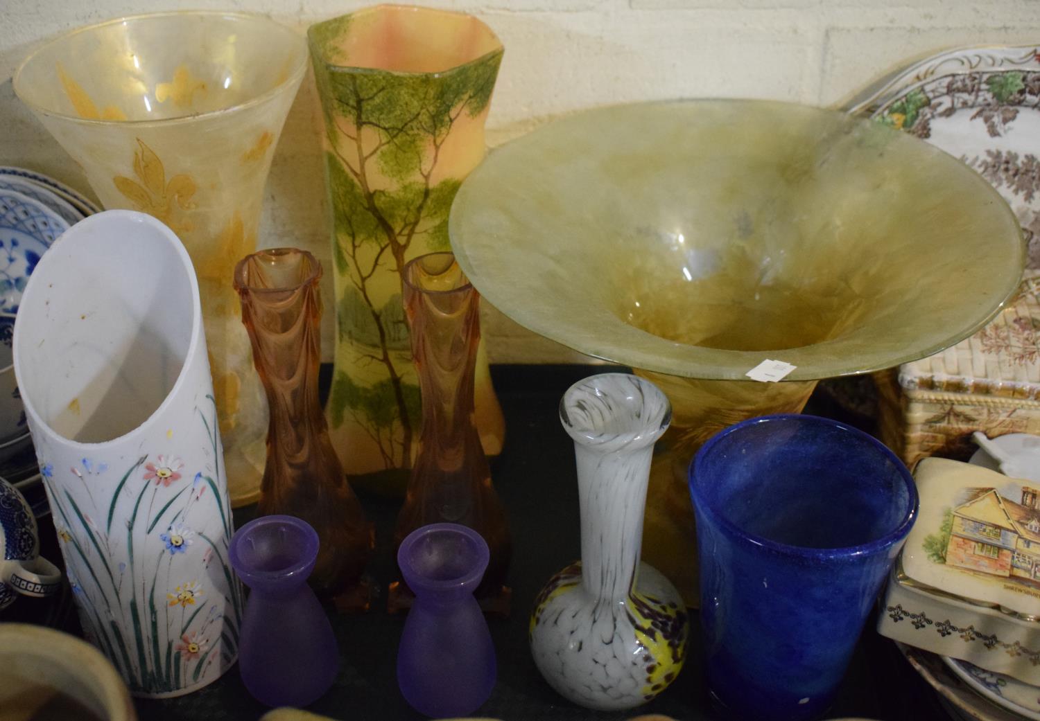 A Tray of Various Coloured and Painted Glassware