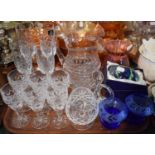 A Tray of Colored and Plain Glassware to Include Royal Doulton Champagnes, Cut Glass Sherries, Cut