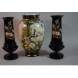 A Pair of Late Victorian Black Glass Vases with Painted Floral Decoration and a Continental Glass
