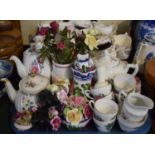 A Tray Containing Rose Pattern Tea and Coffee Wares, Porcelain Roses, Posy Ornaments etc