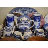 A Tray of Blue and White and Other Decorated China to Include Willow Pattern Meat Plate, Pair of