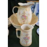 A Fieldings Crown Devon Blush Ivory Toilet Jug and Bowl Together with a Water Jug