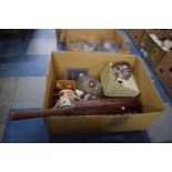 A Box of Sundries to Include Signed Cricket Bat, Egg Crock, Cutlery, Tetley Ornaments, Glassware,