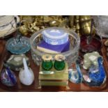 A Tray of Ceramics and Glassware to Include Swan Paperweights, Wedgwood Green and Blue Jasperware
