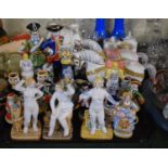 A Tray Containing Glazed Russian Terracotta Figural Ornaments, Horses, Soldiers, Candle Sticks etc