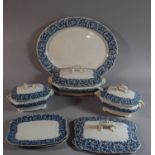 A Box Containing Edwardian Blue and White Dinnerwares to Include Oval Meat Plates, Sauce Tureen,