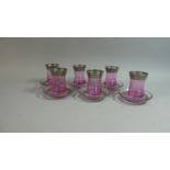 A Turkish Pink Glass Tea Set for Six with Silvered Decoration