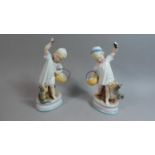 A Pair of Continental Figural Ornaments, Children with Baskets Teasing Cats, 21cm High