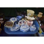 A Collection of Various Blue and White Wedgwood Jasperware, Masons Jug and Pin Dish, Pot Lid,