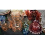 A Tray of Coloured Glassware to Include Overlaid Ruby Glass Vase, Cranberry Glass Bowl, Jug and