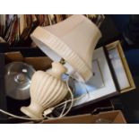 A Box Containing Vase Shaped Table Lamp, Spitfire Print, Saucepans etc