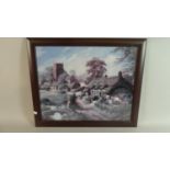 A Framed Print Depicting Church and Village Scene, 50cm Wide