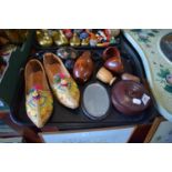 A Tray of Oriental Curios to Include Slippers, Lacquered Egg, Treenware, Hand Mirror etc