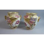 A Pair of Floral and Gilt Painted Vases with Two Handles, 18.5cm High