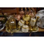 A Tray Containing Various Brass and Copper Items to Include Kettle, Teapot, Jelly Mould, Boxes