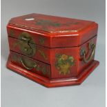 An Oriental Lacquered Reproduction Travelling Jewellery Box with Hinged Lid Having Inner Mirror,
