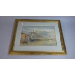 A Gilt Framed Continental Watercolour Depicting Walled Hilltop Town, 33cm Wide